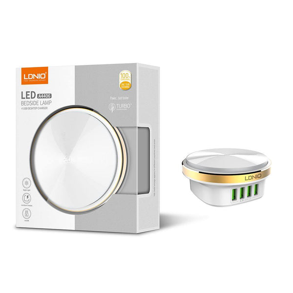 LDINIO- A4406 Lampe Veilleuse, Chargeur 2 En 1 – 4 USB 4.4 ABlanc