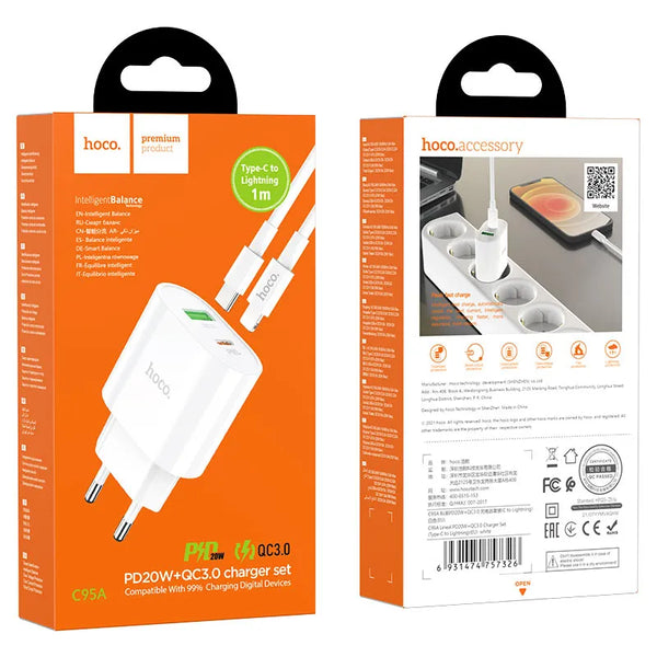 Chargeur mural “C95A ” PD20W+QC3.0 avec câble Type-C vers Lightning