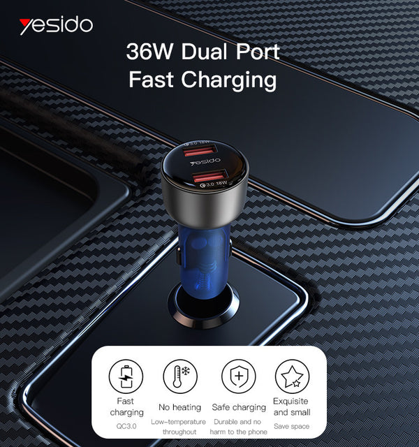 YESIDO Y51 Car Charger | QC 18W USB 2Ports Fast Charging