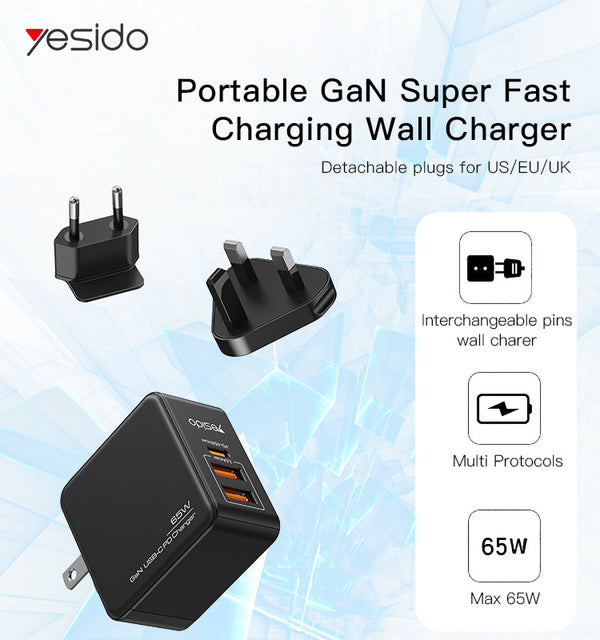 YESIDO YC35 New Design Max 65W GaN Portable Fast Charging Wall Charger For Mobile Phone