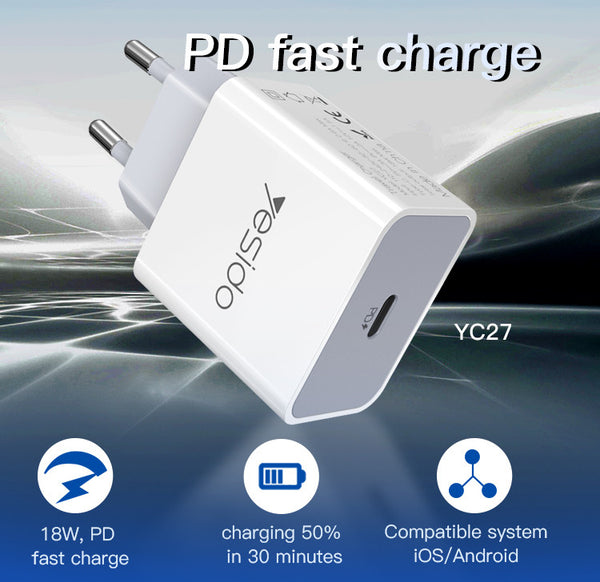 YESIDO YC27 White Adapter EU Plug PD2.0 18W Fast Charging Smart Phone Travel Portable Charger